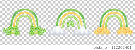 Collection of rainbows with clouds and shamrocks, gold coins for St. Patrick's Day. Illustration with watercolors. Yellow green pictures with clover. Isolated image for postcard, flyer, sticker 112262401