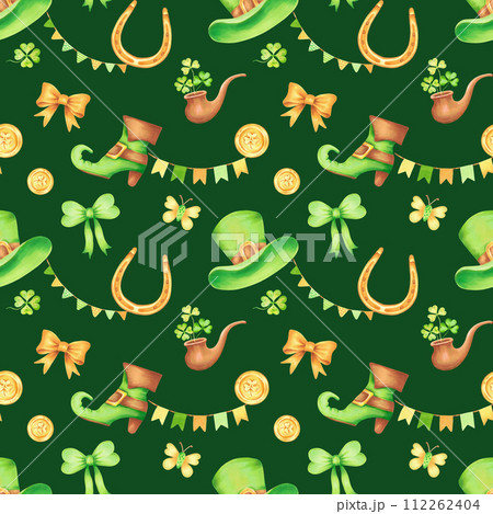 Seamless pattern with top hat, golden horseshoe and coin, clover, boot and pipe for St. Patrick's Day. Watercolor illustration. Hand drawn on a green background. Symbol of luck, wealth or success Seamless pattern with top hat, golden horseshoe and coin, clover, boot and pipe for St. Patrick's Day. Watercolor illustration. Hand drawn on a green background. Symbol of luck, wealth or success 112262404
