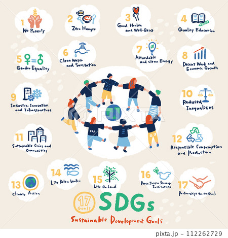 SDGs 17の目標アイコンと人のシンプルなイラストセット　SDGs 17 goals icon　 112262729