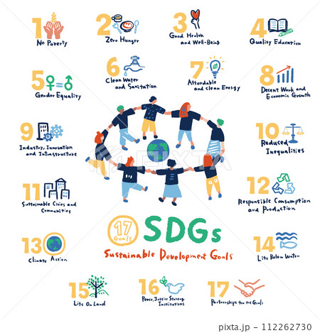 SDGs 17の目標アイコンと人のシンプルなイラストセット SDGs 17 goals icon SDGs 17の目標アイコンと人のシンプルなイラストセット SDGs 17 goals icon 112262730