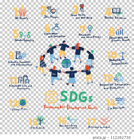 SDGs 17の目標アイコンと人のシンプルなイラストセット SDGs 17 goals icon SDGs 17の目標アイコンと人のシンプルなイラストセット SDGs 17 goals icon 112262730