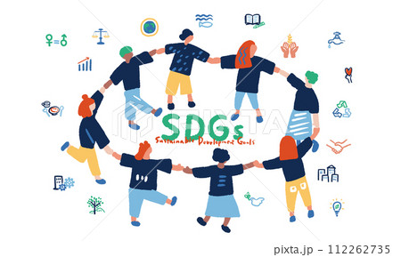 SDGsをイメージする手を繋ぐ人々と文字のイラスト SDGsをイメージする手を繋ぐ人々と文字のイラスト 112262735