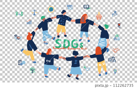 SDGsをイメージする手を繋ぐ人々と文字のイラスト SDGsをイメージする手を繋ぐ人々と文字のイラスト 112262735