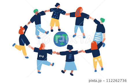 手を繋ぐ人々と地球のシンプルなイラスト 112262736