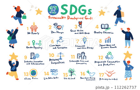 SDGs 17の目標と人々のイラストセット　SDGs 17 goals icon set 112262737