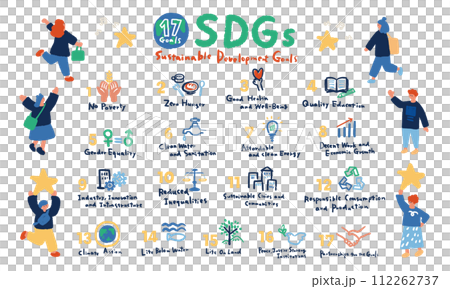 SDGs 17の目標と人々のイラストセット　SDGs 17 goals icon set 112262737