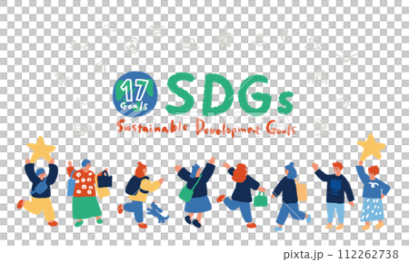 Illustration of people holding hands and letters imagining SDGs 112262738