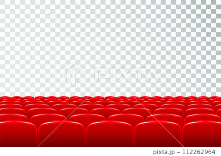 Rows of red cinema or theater seats in front of transparent background. Rows of theater movie or cinema seats isolated on white. Vector. 112262964
