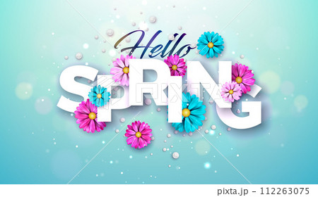Hello Spring Nature Theme Illustration with Colorful Flower and Typography Lettering on Blue Background. Floral Design Template with Typography Letter for Banner, Flyer, Invitation, Poster or Greeting 112263075