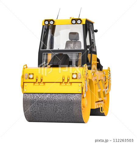 Isolated yellow road roller on white background 112263503