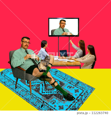 Contemporary art collage. Meeting scene with man in shorts with cat sitting on chair on colorful rug, mirrored on screen and women at table. 112263740