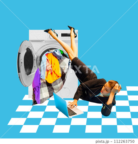 Contemporary art collage. Woman in business suit using laptop, legs up in air, merging with open washing machine. Contemporary art collage. Woman in business suit using laptop, legs up in air, merging with open washing machine. 112263750