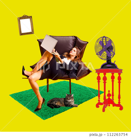 Contemporary art collage. Young woman sitting in comfy armchair with laptop while cat lying on floor near her. Employee working from home. 112263754