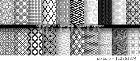 Geometric set of seamless black and white patterns. Simple vector graphics Geometric set of seamless black and white patterns. Simple vector graphics 112263874