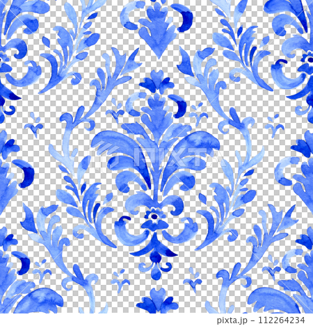 watercolor seamless pattern with blue damask ornament. classic vintage ornament 112264234