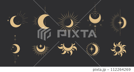 Set gold mystic moon celestial astrology magic element with rays, stars, burst minimal line tattoo, border or decoration isolated on dark background. Space symbols, emblem. Set gold mystic moon celestial astrology magic element with rays, stars, burst minimal line tattoo, border or decoration isolated on dark background. Space symbols, emblem. 112264269