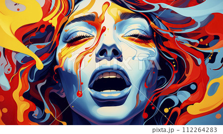 Ecstatic Colorful Graphic of a Satisfied Woman with Open Mouth and Closed Eyes 112264283