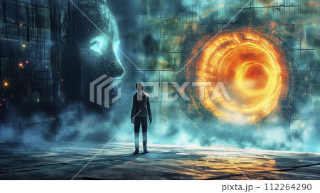 Fantasy Image of a Boy's Back in Front of a Glowing Tunnel in a Wall, with an Ephemeral Face Speaking 112264290