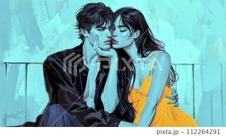 Teal and Orange Graphic of a Young Couple Before the Kiss 112264291