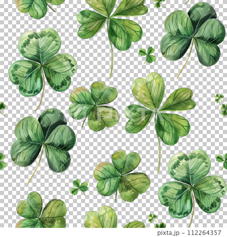 watercolor seamless pattern on the theme of st. patrick's day. green four-leaf clover leaves on a white background. holiday print 112264357