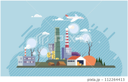 Industrial pollution. Dirty waste. Environmental pollution. Vector illustration. The contamination air, water, and soil is complex issue Factory emitting smoke should be regulated more strictly Industrial pollution. Dirty waste. Environmental pollution. Vector illustration. The contamination air, water, and soil is complex issue Factory emitting smoke should be regulated more strictly 112264413