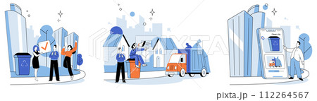 Waste disposal. Vector illustration. Sorting waste is akin to unraveling complexity our consumption habits It involves separating different types waste, such as paper, plastic, glass, and organic Waste disposal. Vector illustration. Sorting waste is akin to unraveling complexity our consumption habits It involves separating different types waste, such as paper, plastic, glass, and organic 112264567