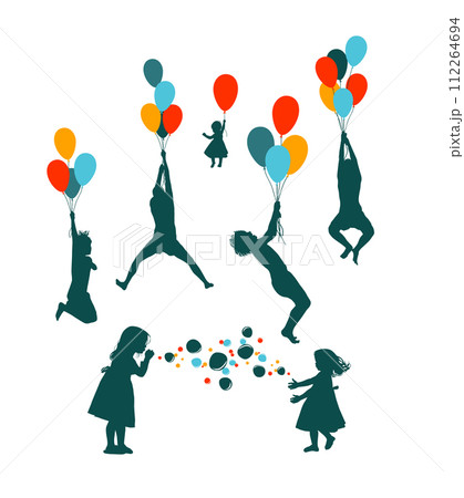 Silhouettes of children flying in balloons. hand drawing. Not AI, vector illustration Silhouettes of children flying in balloons. hand drawing. Not AI, vector illustration 112264694
