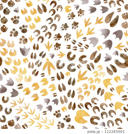 Seamless pattern of animal footprints. Cartoon paw shape of wolf, horse and dog. Children's pets background. Seamless pattern of animal footprints. Cartoon paw shape of wolf, horse and dog. Children's pets background. 112265001