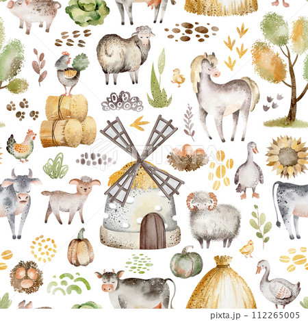 Farm animals watercolor seamless pattern. Cute cow, goose and horse cartoon nursery. Illustration of haystack harvesting. Hand drawn child background. Childish fabric farmland. Farm animals watercolor seamless pattern. Cute cow, goose and horse cartoon nursery. Illustration of haystack harvesting. Hand drawn child background. Childish fabric farmland. 112265005