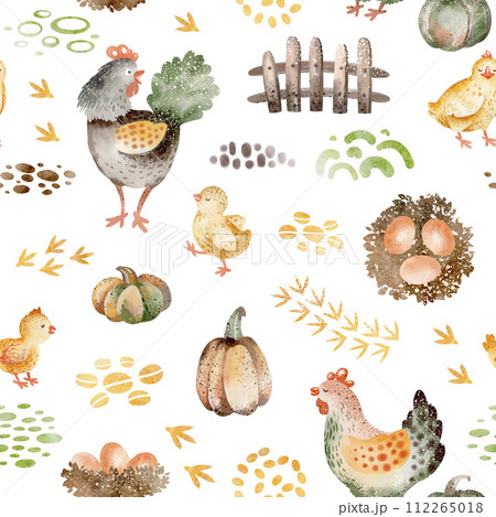 Farm animals watercolor seamless pattern. Cute cow, goose and horse cartoon nursery. Illustration of haystack harvesting. Hand drawn child background. Childish fabric farmland. 112265018
