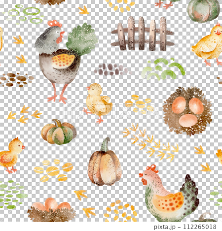 Farm animals watercolor seamless pattern. Cute cow, goose and horse cartoon nursery. Illustration of haystack harvesting. Hand drawn child background. Childish fabric farmland. Farm animals watercolor seamless pattern. Cute cow, goose and horse cartoon nursery. Illustration of haystack harvesting. Hand drawn child background. Childish fabric farmland. 112265018