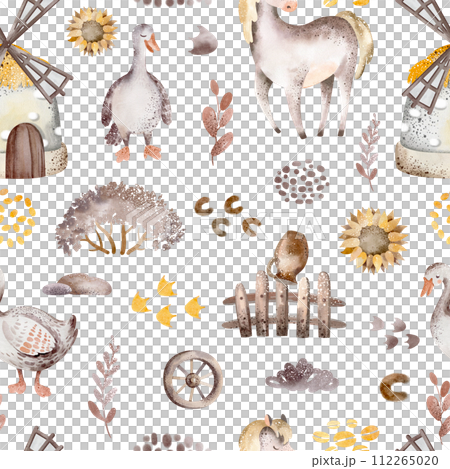 Farm animals watercolor seamless pattern. Cute cow, goose and horse cartoon nursery. Illustration of haystack harvesting. Hand drawn child background. Childish fabric farmland. 112265020