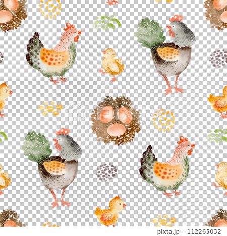 Farm animals watercolor seamless pattern. Cute cow, goose and horse cartoon nursery. Illustration of haystack harvesting. Hand drawn child background. Childish fabric farmland. 112265032