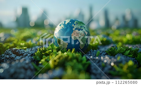 AI-generated content. A small globe rests on a vibrant green land with terrestrial plants and grass. A bird flies overhead in the natural landscape, surrounded by trees and forests with electric blue AI-generated content. A small globe rests on a vibrant green land with terrestrial plants and grass. A bird flies overhead in the natural landscape, surrounded by trees and forests with electric blue 112265080
