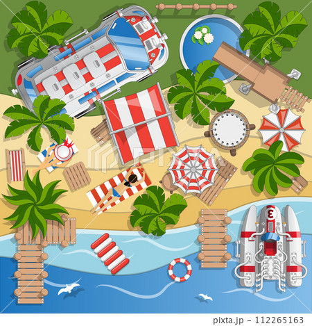 Camping on the beach. Beach vacation. View from above. Vector illustration. Camping on the beach. Beach vacation. View from above. Vector illustration. 112265163