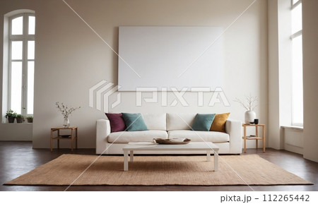 AI-generated content. Interior design with white couch and coffee table in a living room 112265442