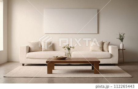 AI-generated content. House with comfortable furniture couch, coffee table, and wall art 112265443