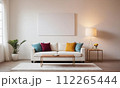 AI-generated content. a living room with a couch , coffee table , lamp and a picture on the wall 112265444