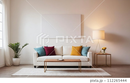 AI-generated content. a living room with a couch , coffee table , lamp and a picture on the wall 112265444