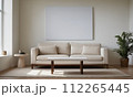 AI-generated content. Living room with a couch, coffee table, and painting on the wall 112265445