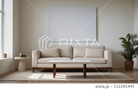 AI-generated content. Living room with a couch, coffee table, and painting on the wall 112265445