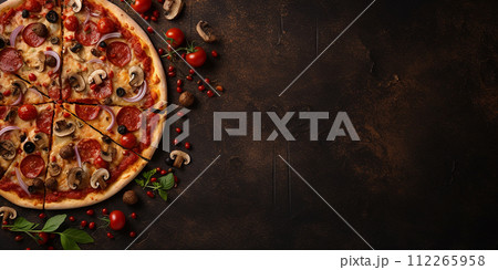 flat lay with pizza. delicious pizza with vegetables and sausage, top view, with space for text	 112265958