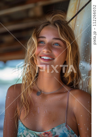 Woman athlete with surfboard among the waves on the beach, sport concept 112266032
