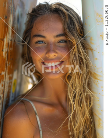 Woman athlete with surfboard among the waves on the beach, sport concept 112266038