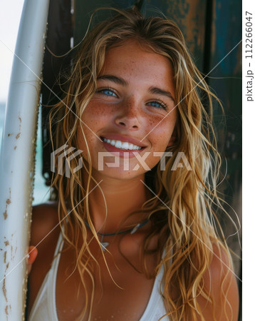Woman athlete with surfboard among the waves on...のイラスト素材 [112266047