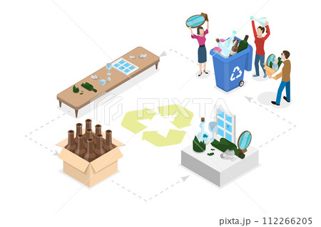 3D Isometric Flat Conceptual Illustration of Glass Recycling Process, Reducing Pollution and Waste 3D Isometric Flat Conceptual Illustration of Glass Recycling Process, Reducing Pollution and Waste 112266205