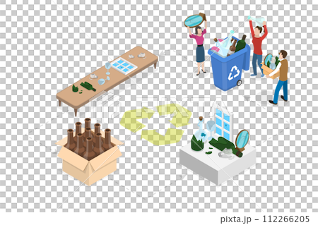 3D Isometric Flat Conceptual Illustration of Glass Recycling Process, Reducing Pollution and Waste 3D Isometric Flat Conceptual Illustration of Glass Recycling Process, Reducing Pollution and Waste 112266205