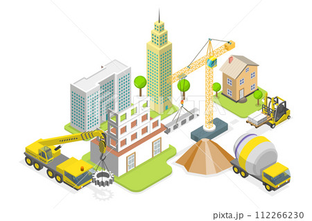 3D Isometric Flat Conceptual Illustration of Construction and Development, House Building Site 3D Isometric Flat Conceptual Illustration of Construction and Development, House Building Site 112266230