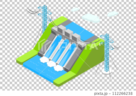 3D Isometric Flat Conceptual Illustration of Hydroelectricity, Dam with Water for Electricity Producing 3D Isometric Flat Conceptual Illustration of Hydroelectricity, Dam with Water for Electricity Producing 112266238