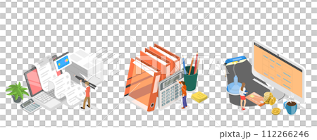 3D Isometric Flat  Conceptual Illustration of Accounting and Financial Management , Income Tax Filing 112266246
